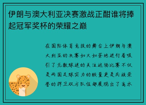 伊朗与澳大利亚决赛激战正酣谁将捧起冠军奖杯的荣耀之巅