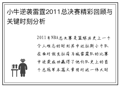 小牛逆袭雷霆2011总决赛精彩回顾与关键时刻分析