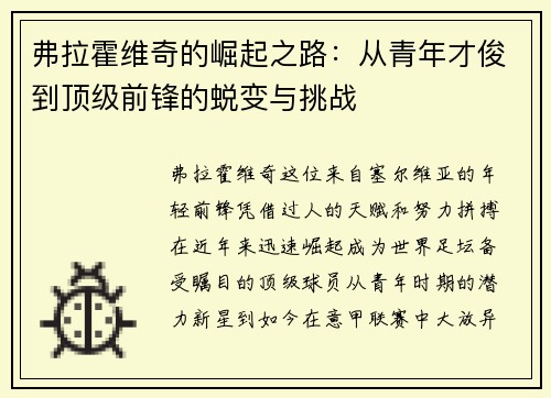 弗拉霍维奇的崛起之路：从青年才俊到顶级前锋的蜕变与挑战